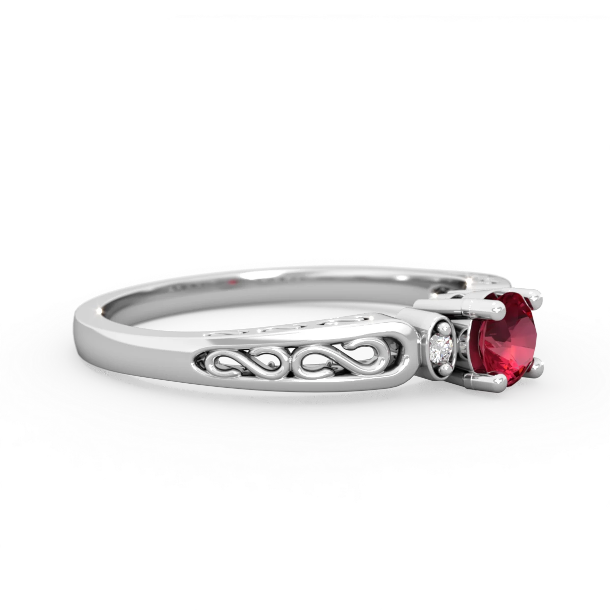 Lab Ruby Filligree Scroll Round 14K White Gold ring R0829