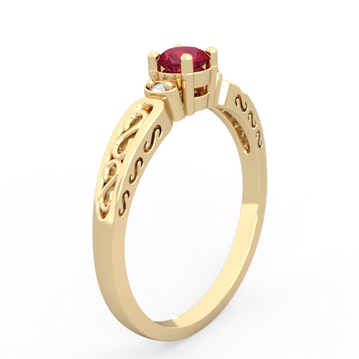 Lab Ruby Filligree Scroll Round 14K Yellow Gold ring R0829