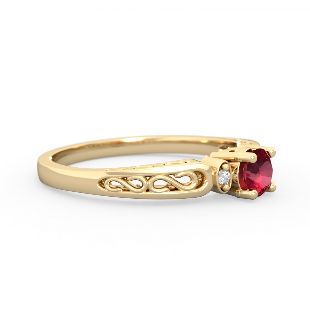 Lab Ruby Filligree Scroll Round 14K Yellow Gold ring R0829