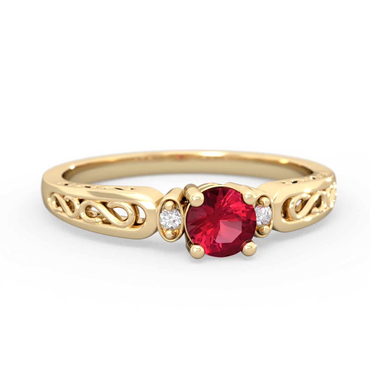 Lab Ruby Filligree Scroll Round 14K Yellow Gold ring R0829