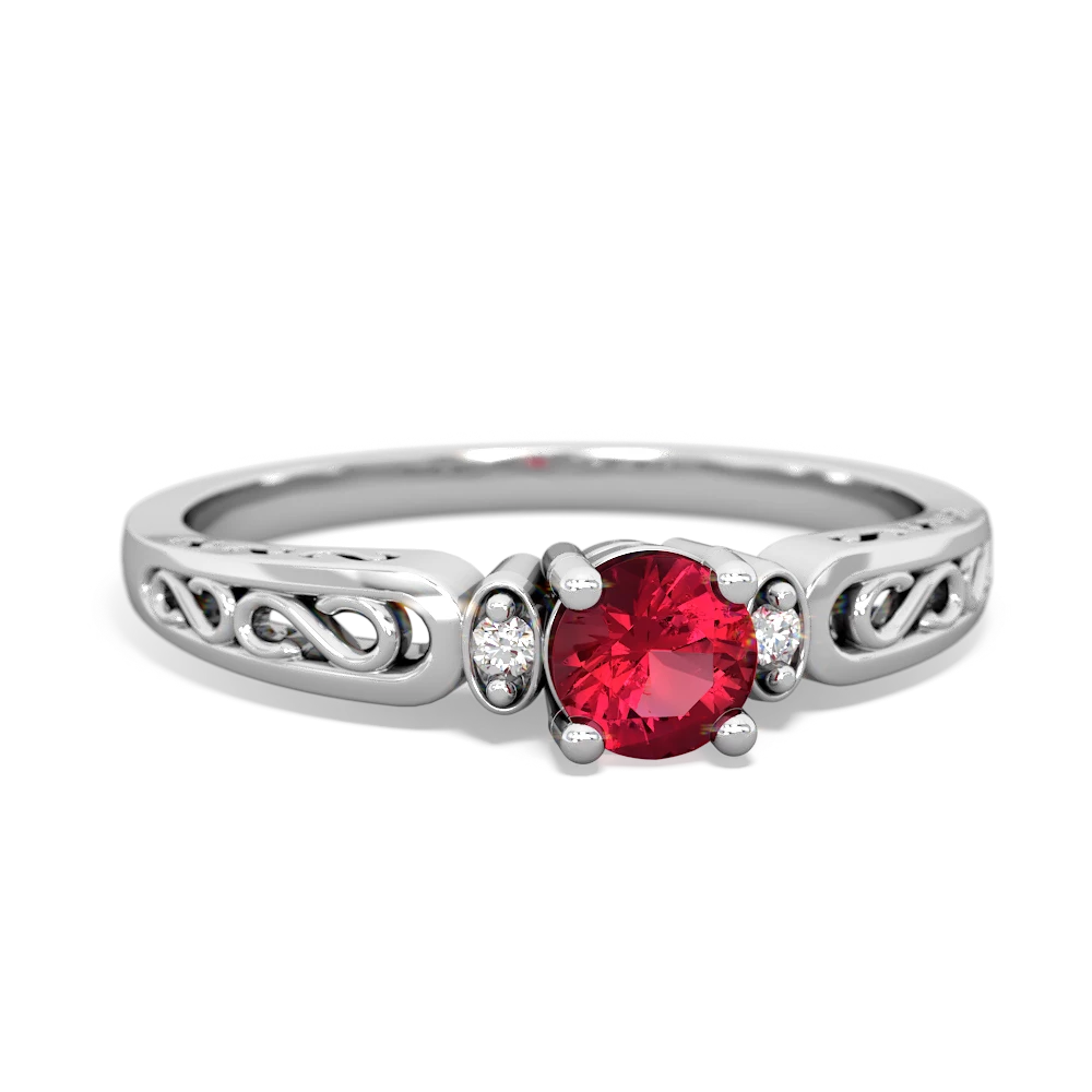 Lab Ruby Filligree Scroll Round 14K White Gold ring R0829