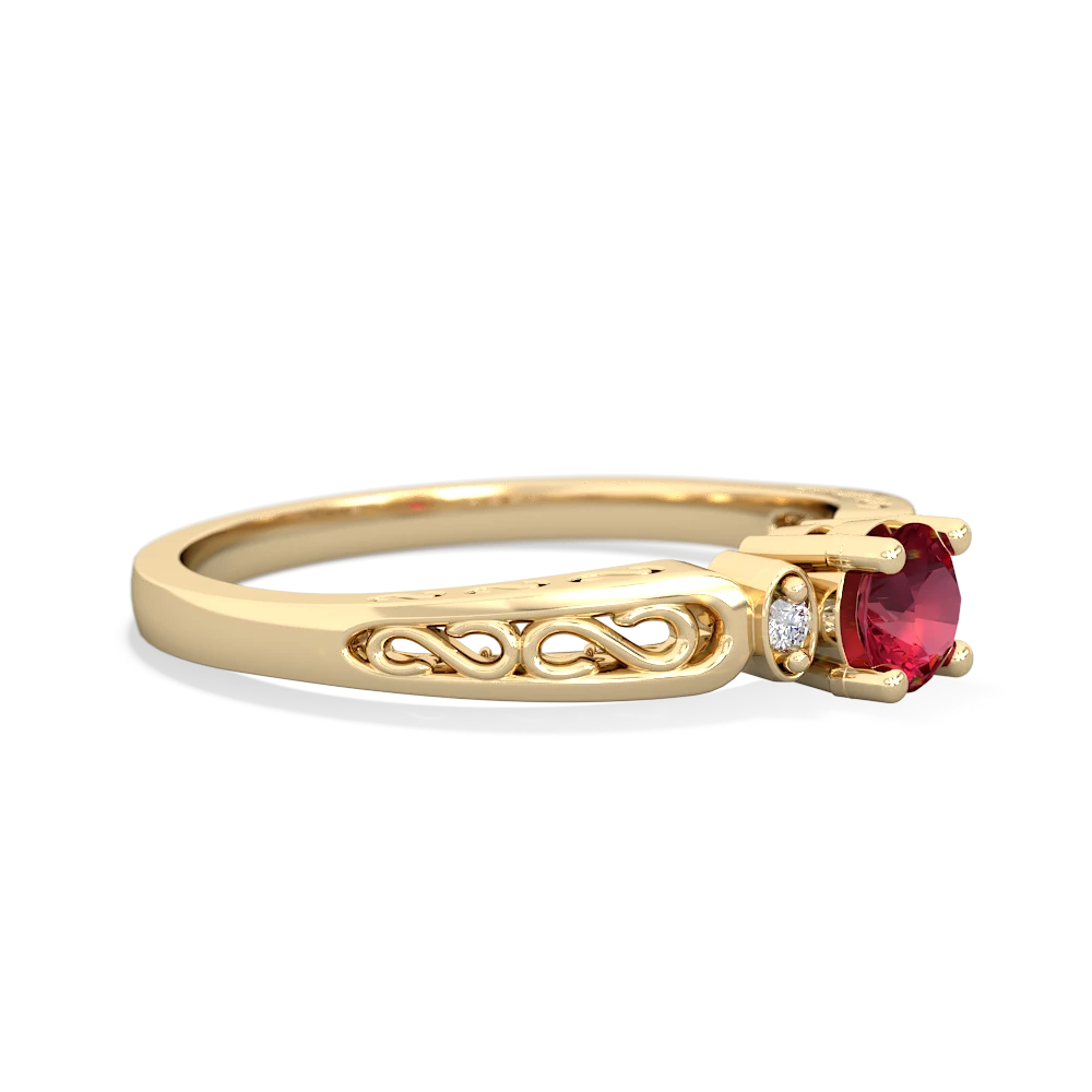 Lab Ruby Filligree Scroll Round 14K Yellow Gold ring R0829