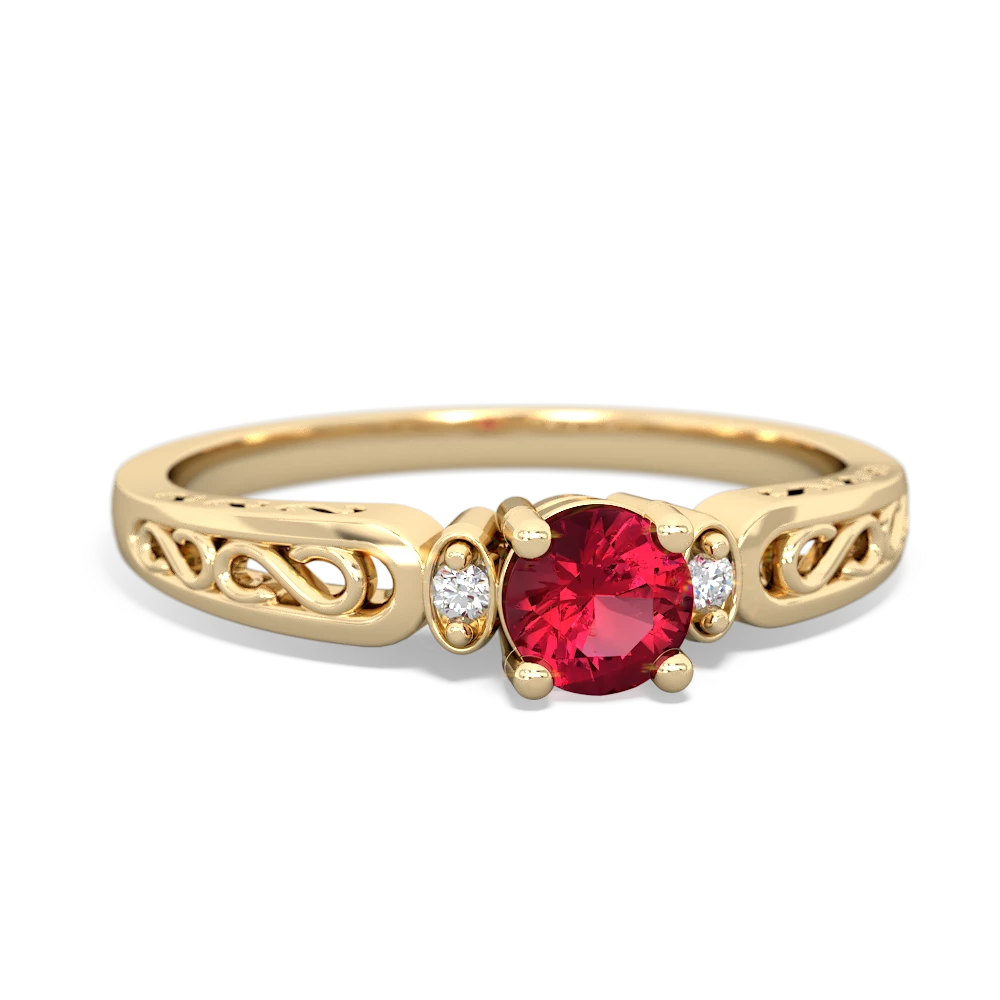 Lab Ruby Filligree Scroll Round 14K Yellow Gold ring R0829