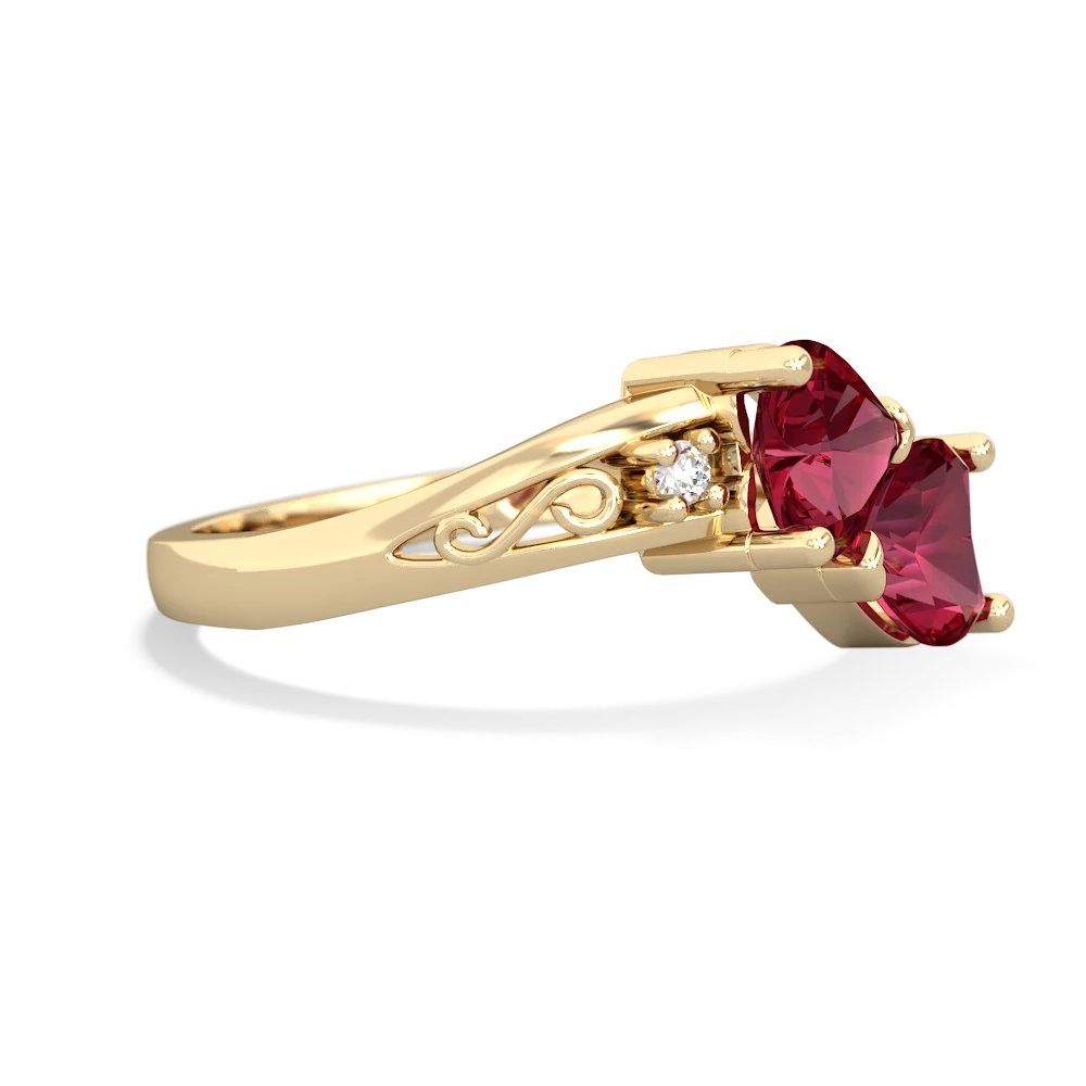 Lab Ruby Snuggling Hearts 14K Yellow Gold ring R2178