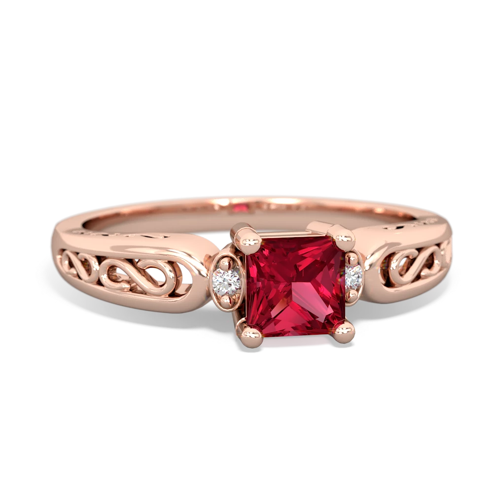 Lab Ruby Filligree Scroll Square 14K Rose Gold ring R2430