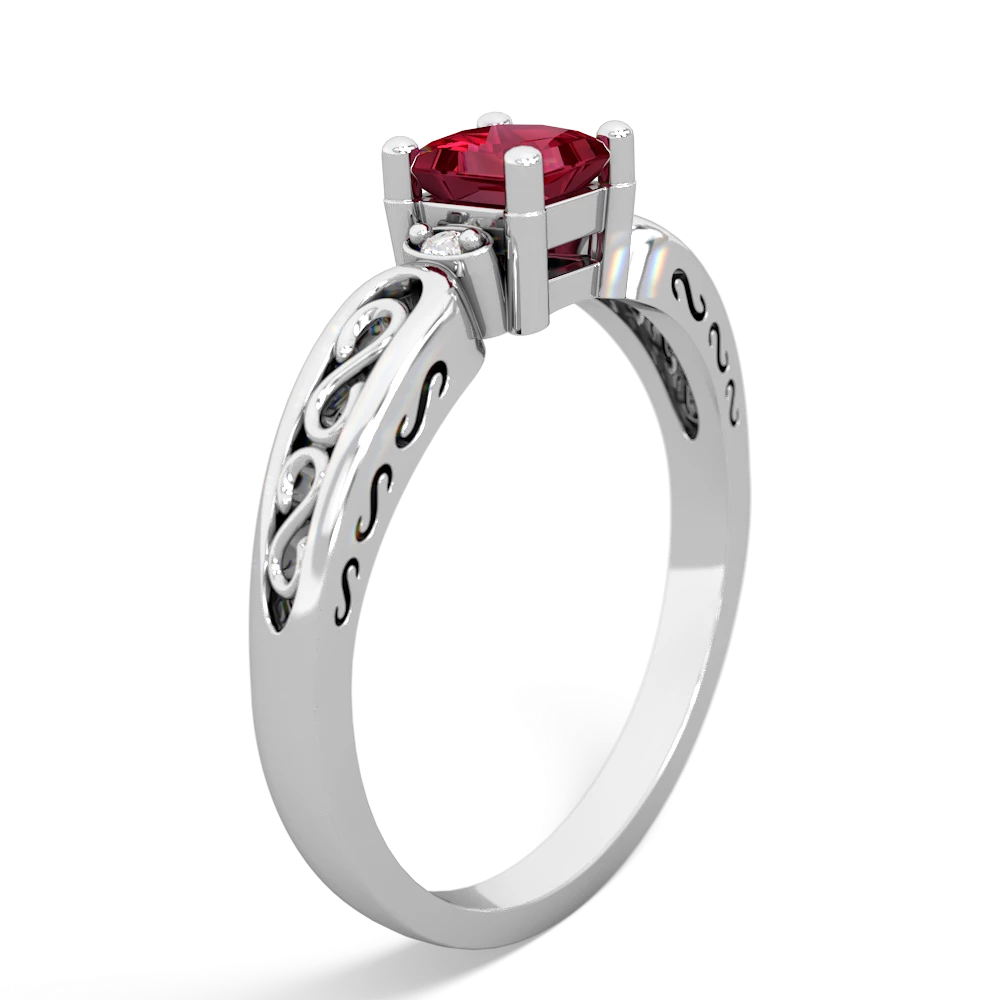 Lab Ruby Filligree Scroll Square 14K White Gold ring R2430