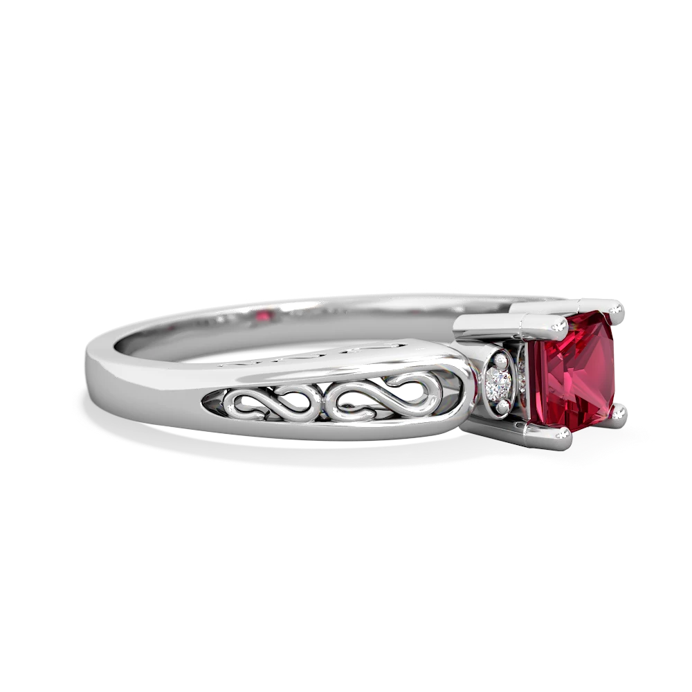 Lab Ruby Filligree Scroll Square 14K White Gold ring R2430