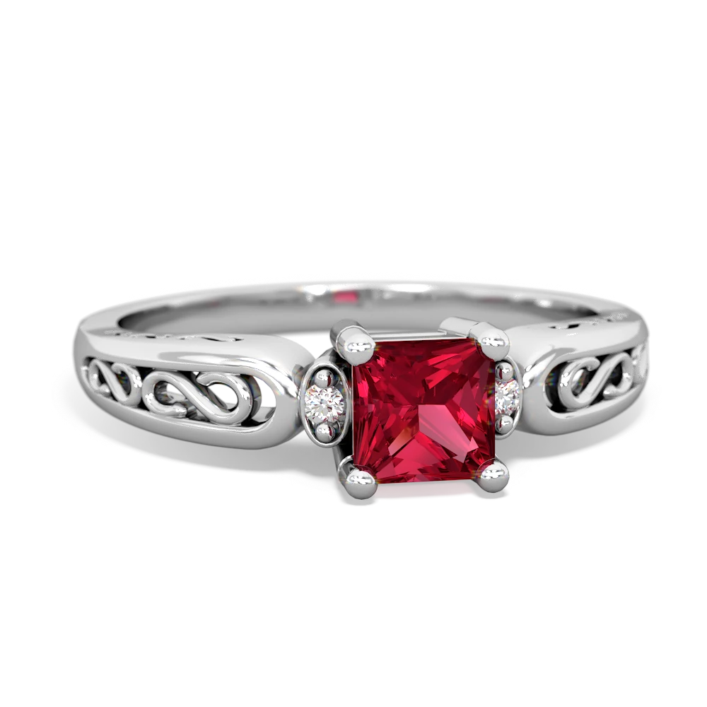 Lab Ruby Filligree Scroll Square 14K White Gold ring R2430