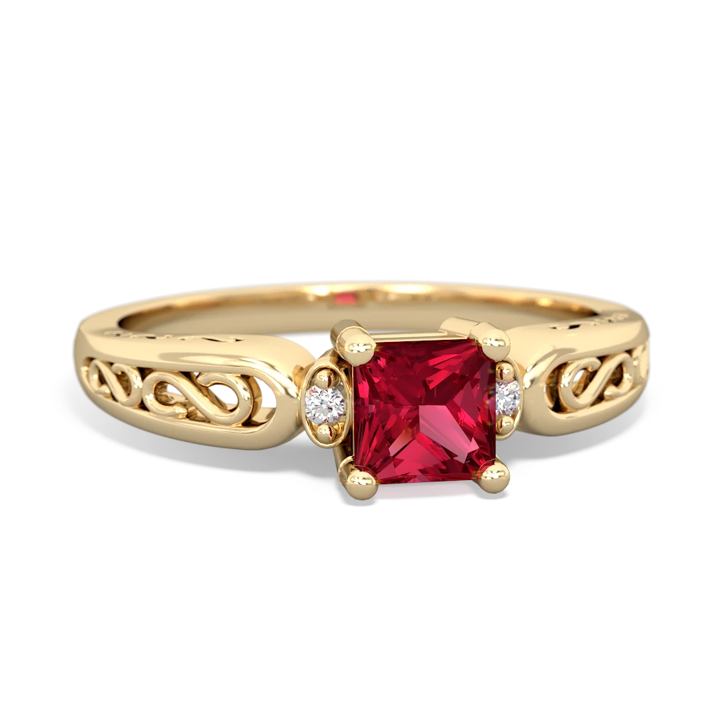 Lab Ruby Filligree Scroll Square 14K Yellow Gold ring R2430