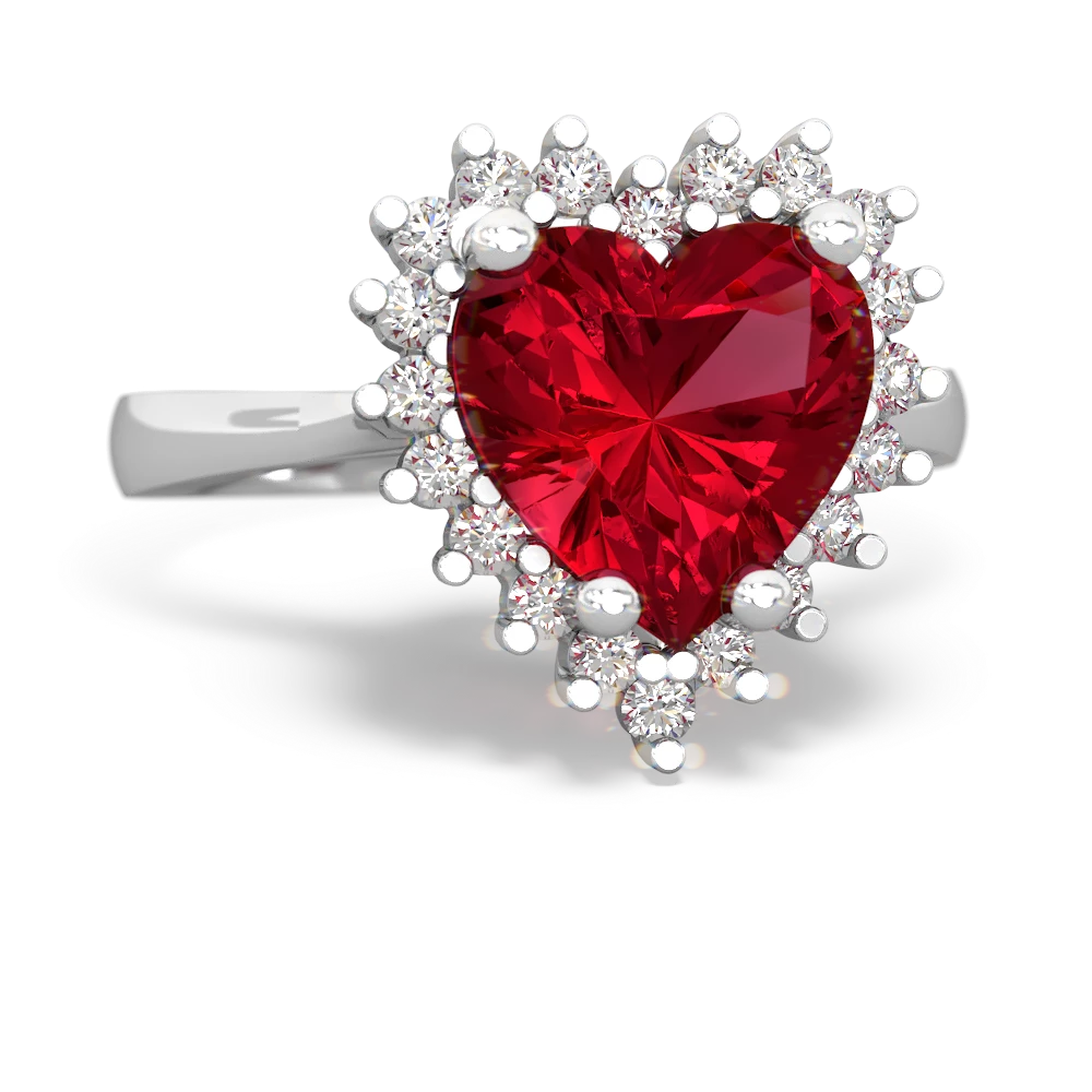 Lab Ruby Sparkling Halo Heart 14K White Gold ring R0391