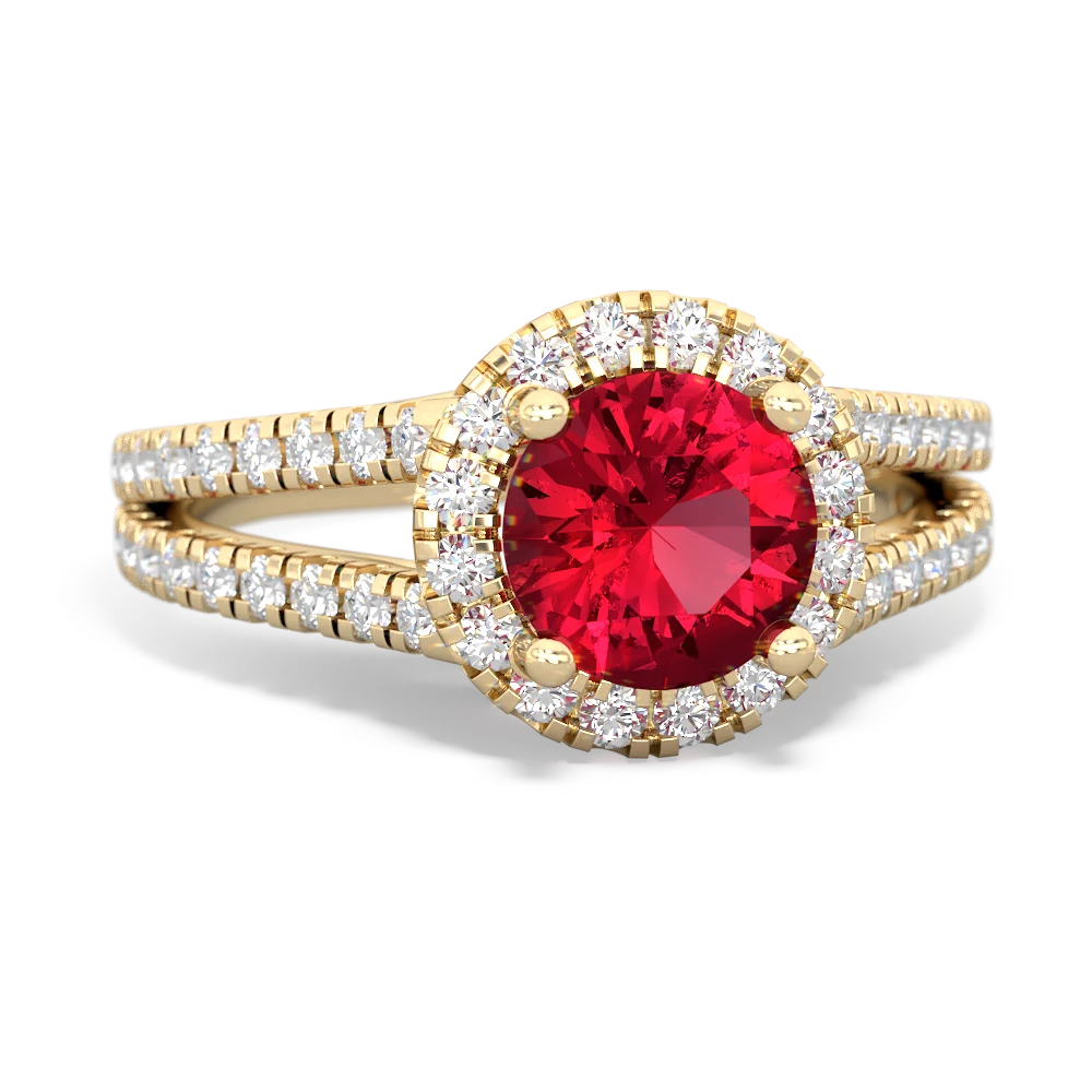 Lab Ruby Pave Halo 14K Yellow Gold ring R5490