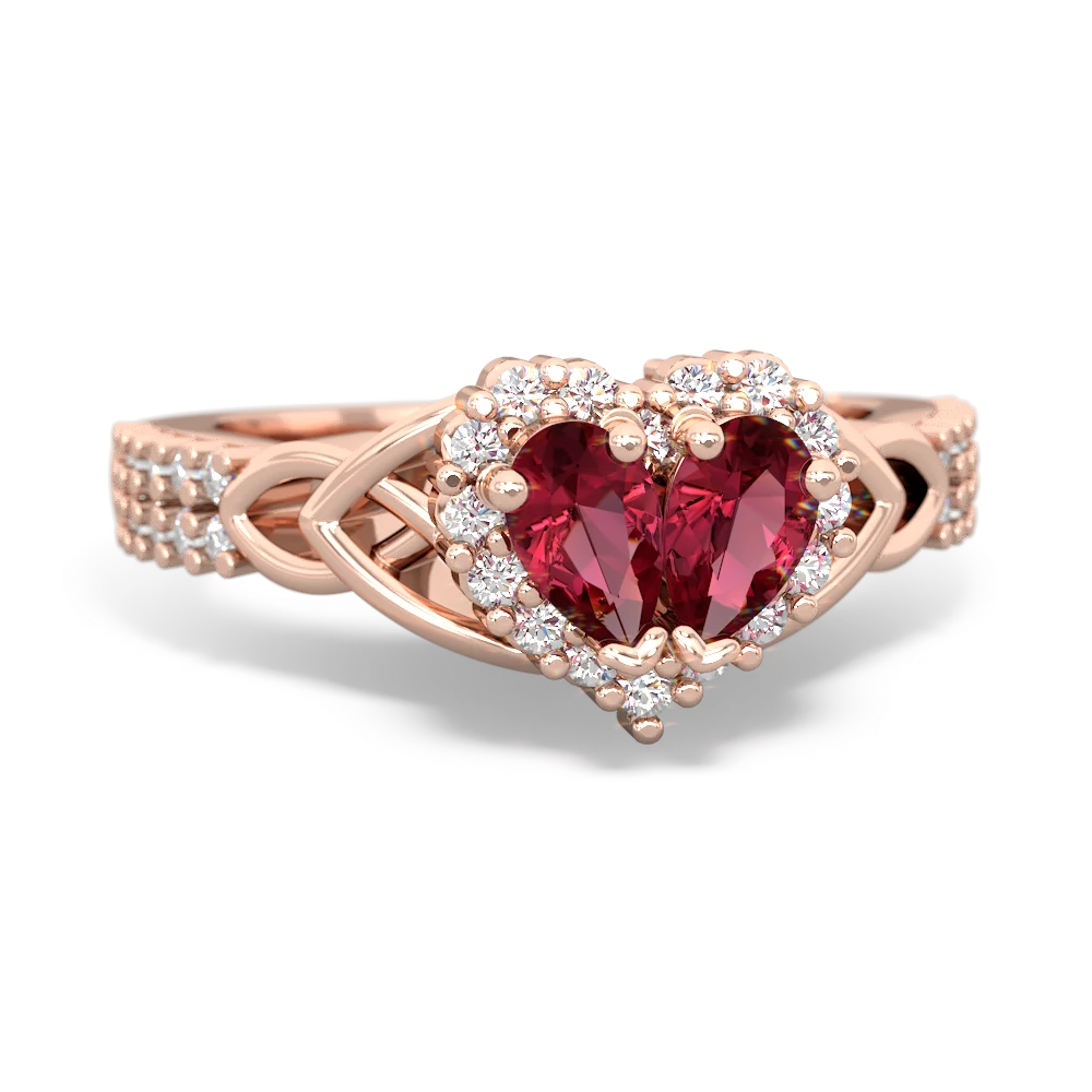 Lab Ruby Celtic Knot Two Hearts As One 14K Rose Gold ring R2644HRT