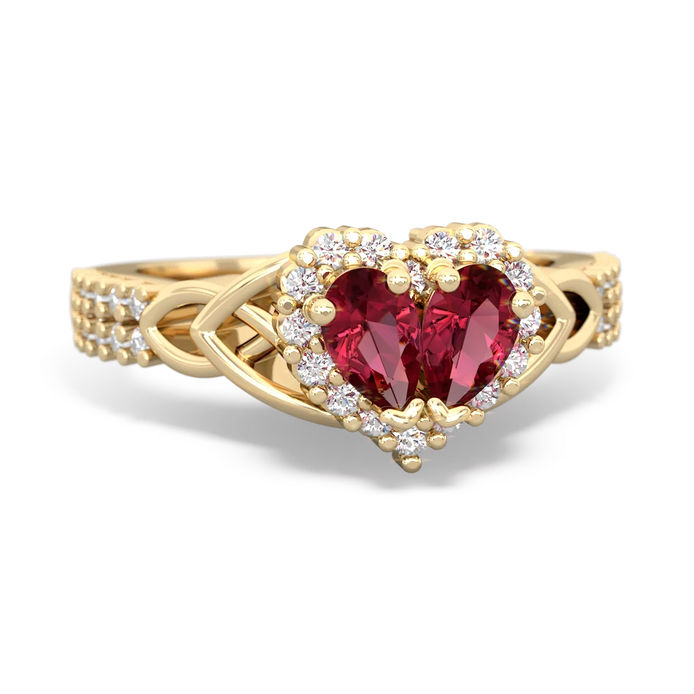 Lab Ruby Celtic Knot Two Hearts As One 14K Yellow Gold ring R2644HRT