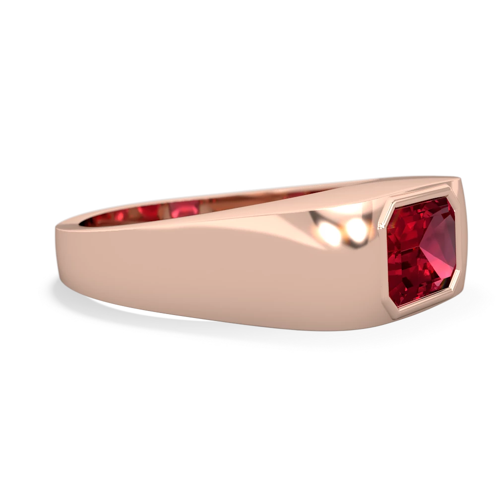 Lab Ruby Men's Emerald-Cut Bezel 14K Rose Gold ring R0410
