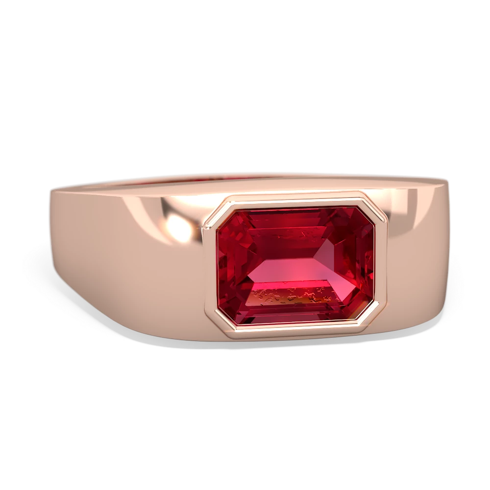 Lab Ruby Men's Emerald-Cut Bezel 14K Rose Gold ring R0410