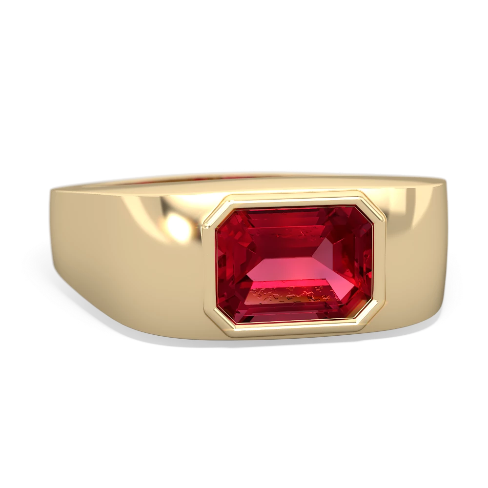 Lab Ruby Men's Emerald-Cut Bezel 14K Yellow Gold ring R0410