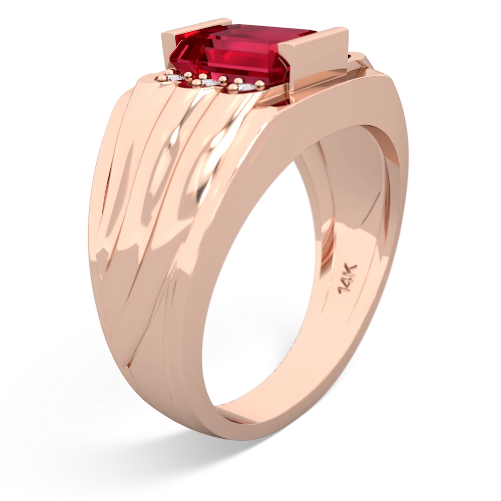 Lab Ruby Men's 9X7mm Emerald-Cut 14K Rose Gold ring R1835