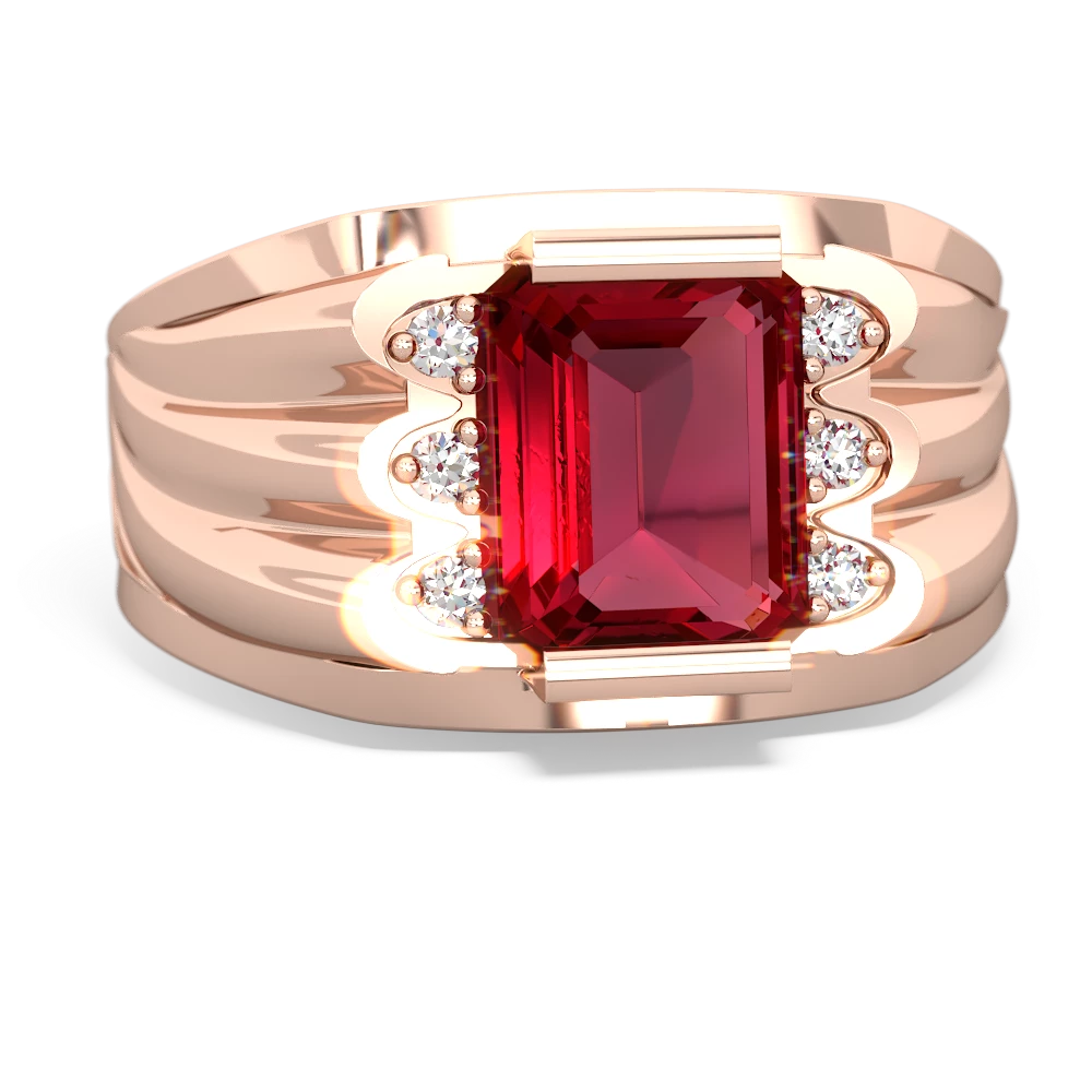 Lab Ruby Men's 9X7mm Emerald-Cut 14K Rose Gold ring R1835