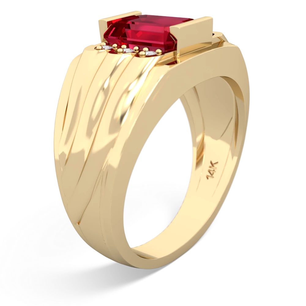 Lab Ruby Men's 9X7mm Emerald-Cut 14K Yellow Gold ring R1835