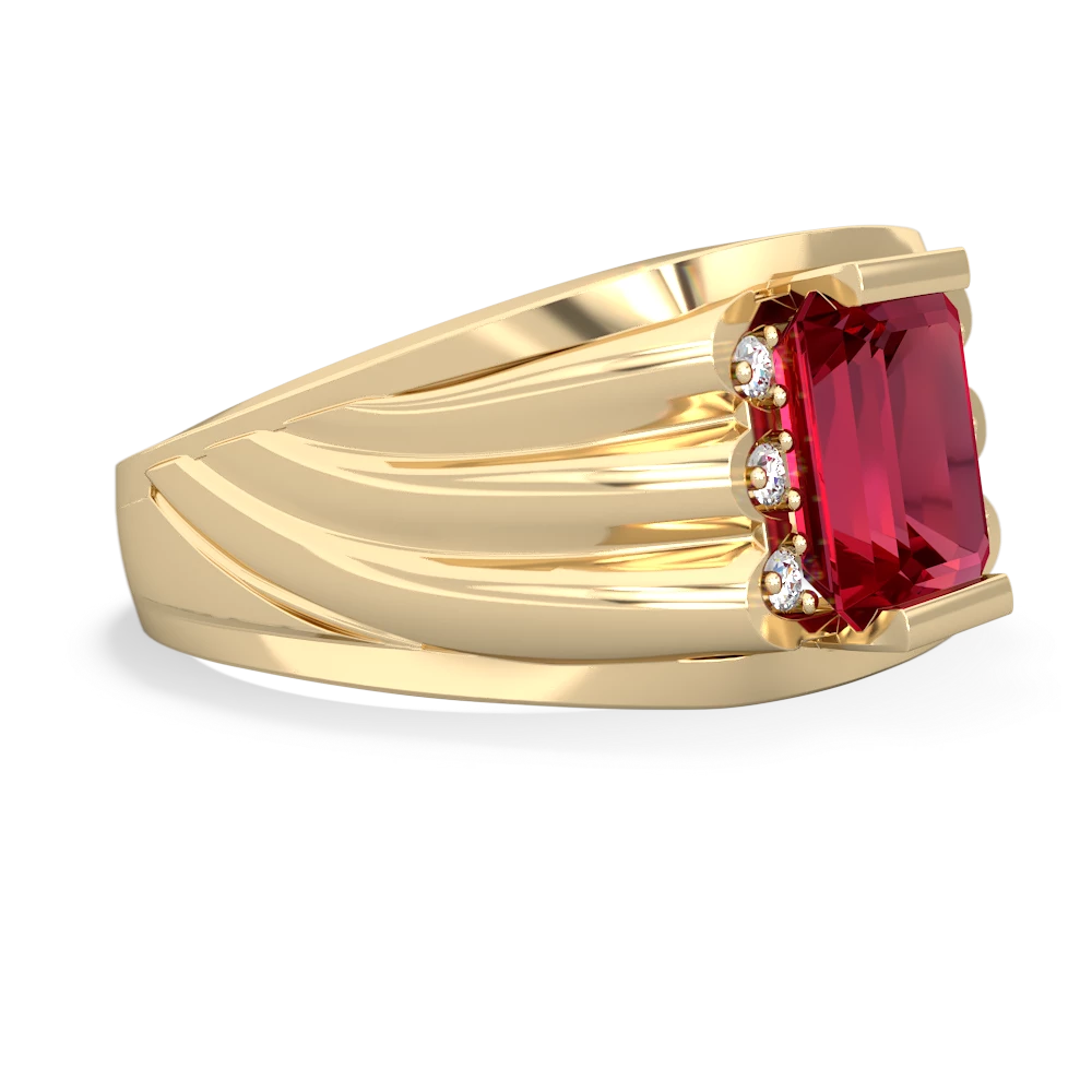 Lab Ruby Men's 9X7mm Emerald-Cut 14K Yellow Gold ring R1835