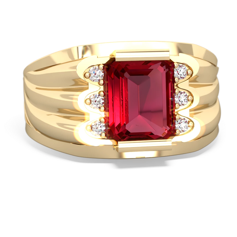 Lab Ruby Men's 9X7mm Emerald-Cut 14K Yellow Gold ring R1835