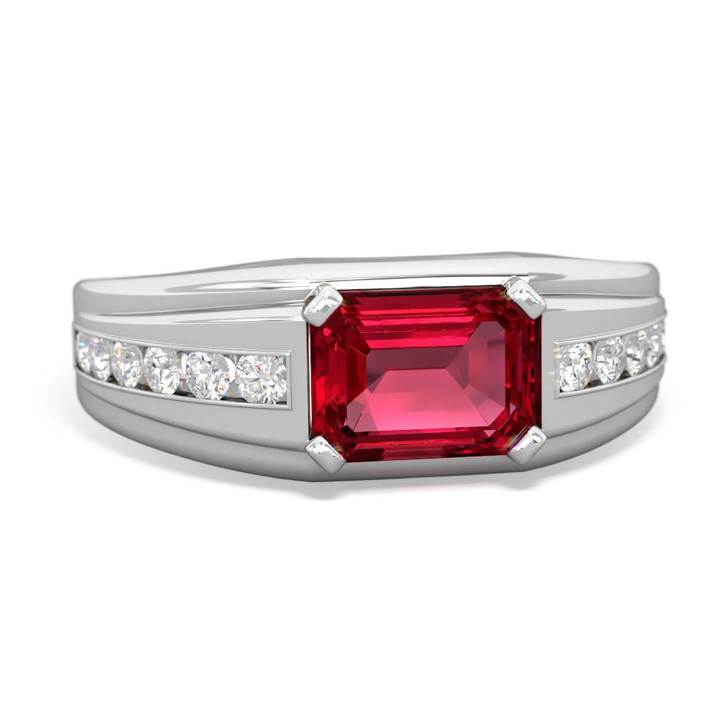 Lab Ruby Men's Diamond Channel 14K White Gold ring R0500