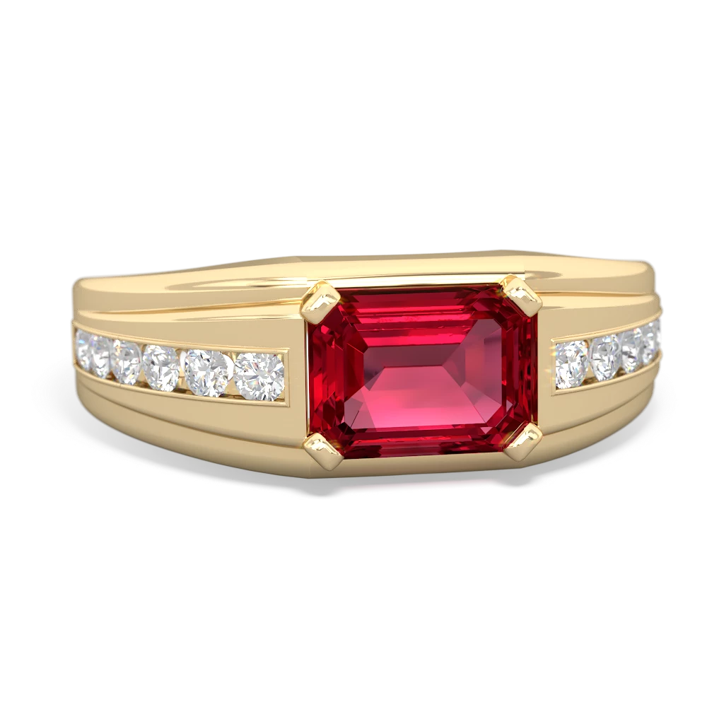 Lab Ruby Men's Diamond Channel 14K Yellow Gold ring R0500