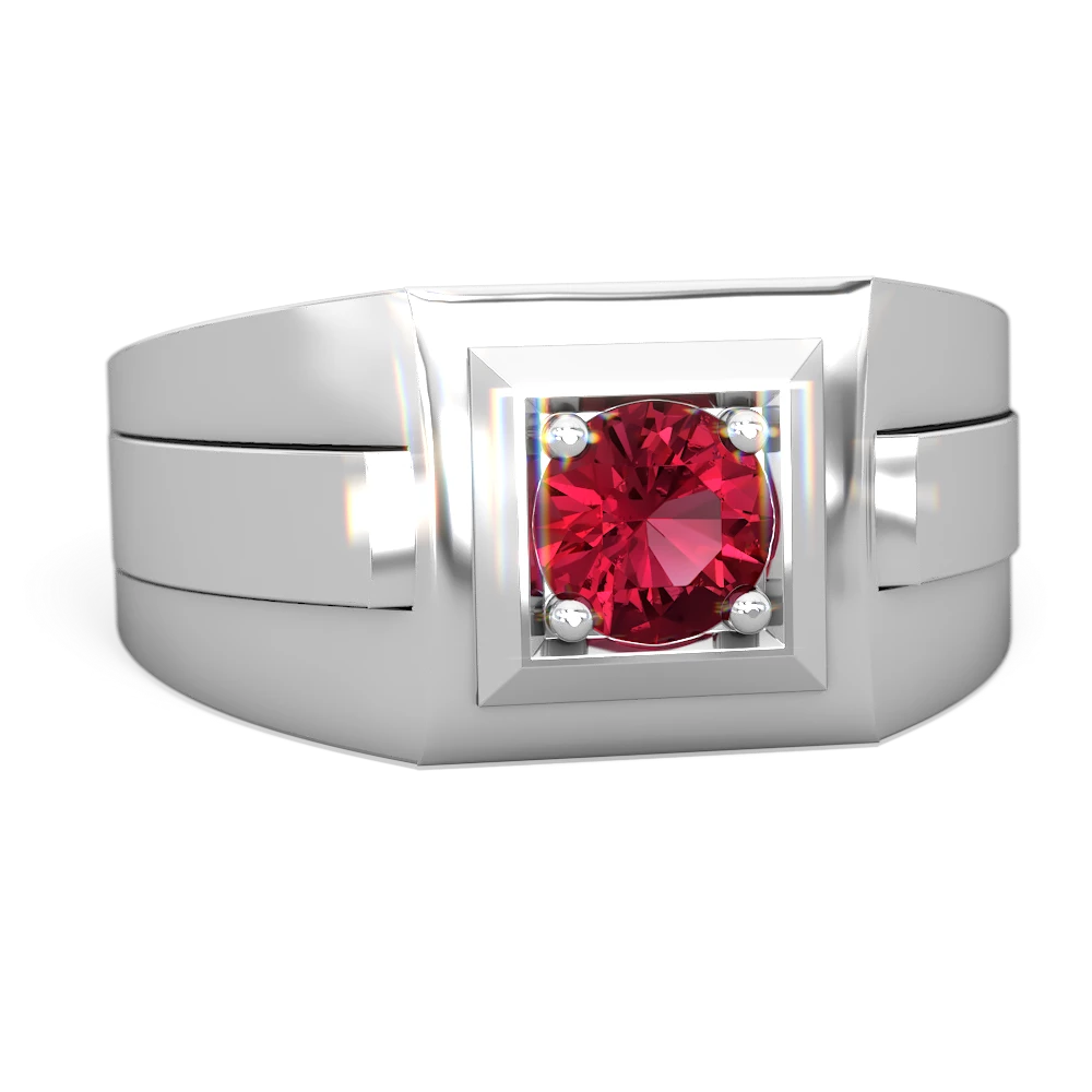 Lab Ruby Men's Squared Circle 14K White Gold ring R0480