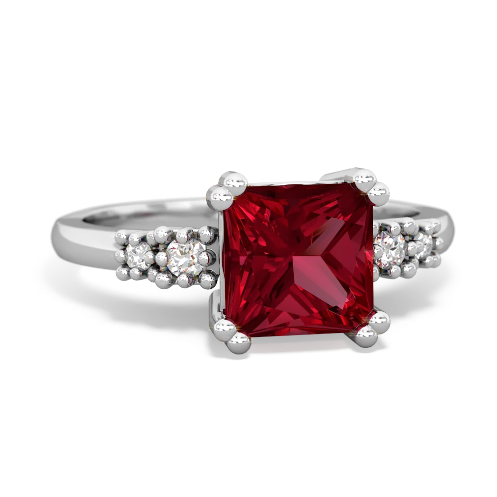 Lab Ruby Art Deco Princess 14K White Gold ring R2014