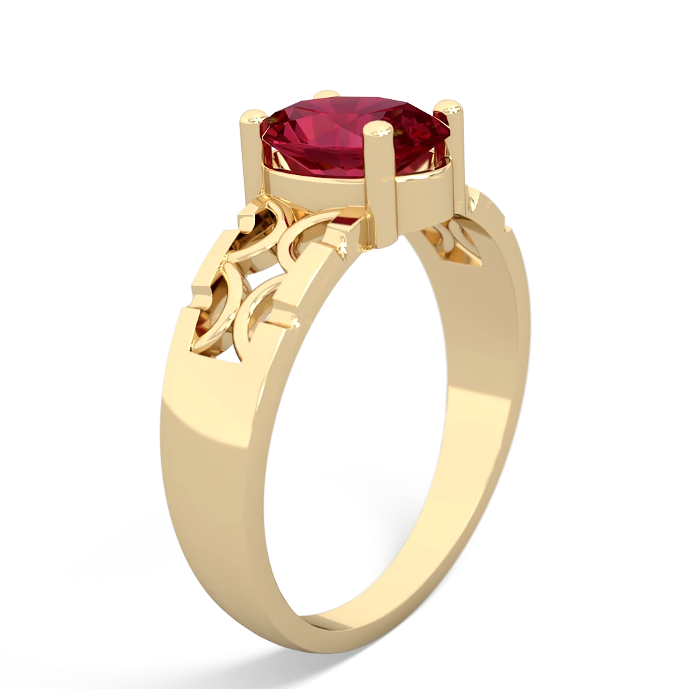 Lab Ruby Art Deco Filigree 14K Yellow Gold ring R2322