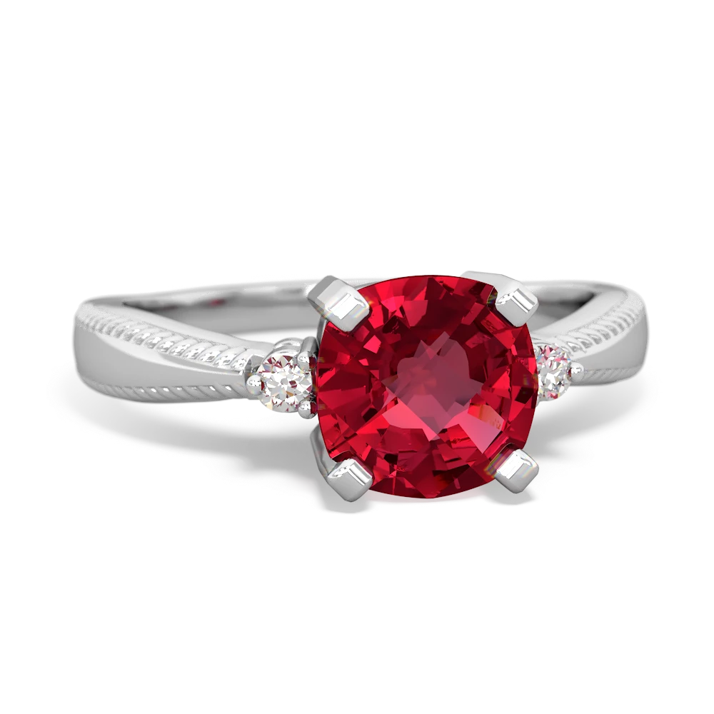 Lab Ruby Cushion Rope 14K White Gold ring R2484