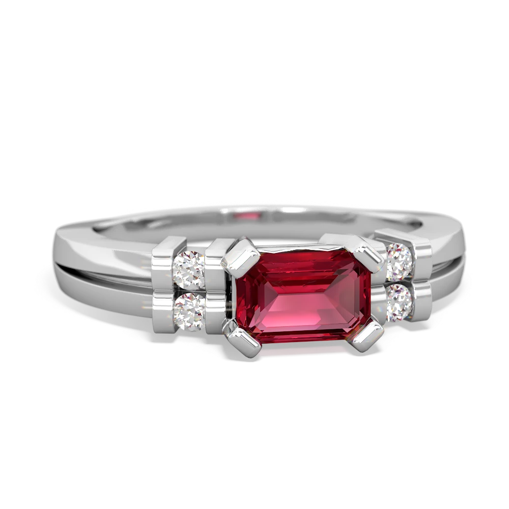 Lab Ruby Art Deco East-West 14K White Gold ring R2590