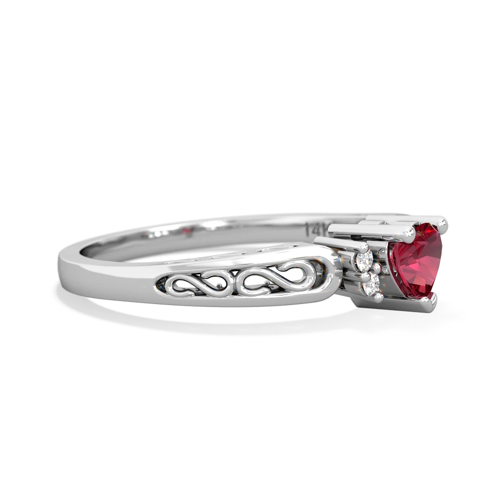 Lab Ruby Filligree Scroll Heart 14K White Gold ring R2429