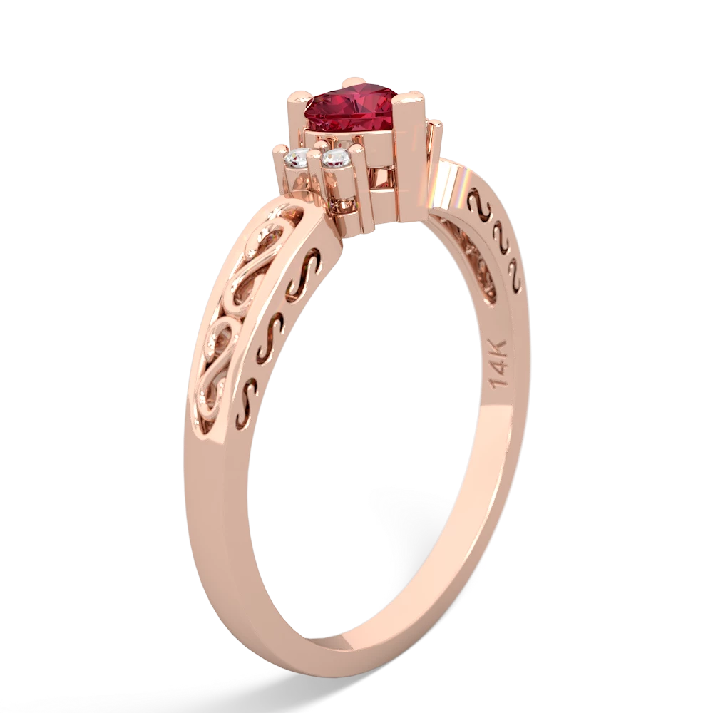 Lab Ruby Filligree Scroll Heart 14K Rose Gold ring R2429