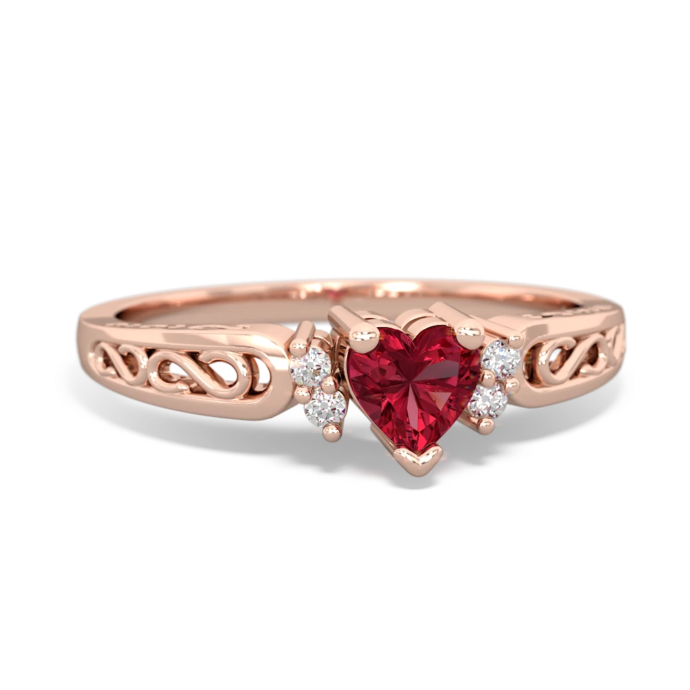 Lab Ruby Filligree Scroll Heart 14K Rose Gold ring R2429