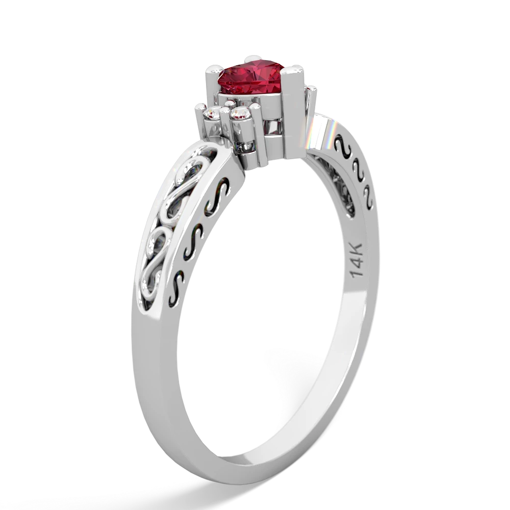 Lab Ruby Filligree Scroll Heart 14K White Gold ring R2429