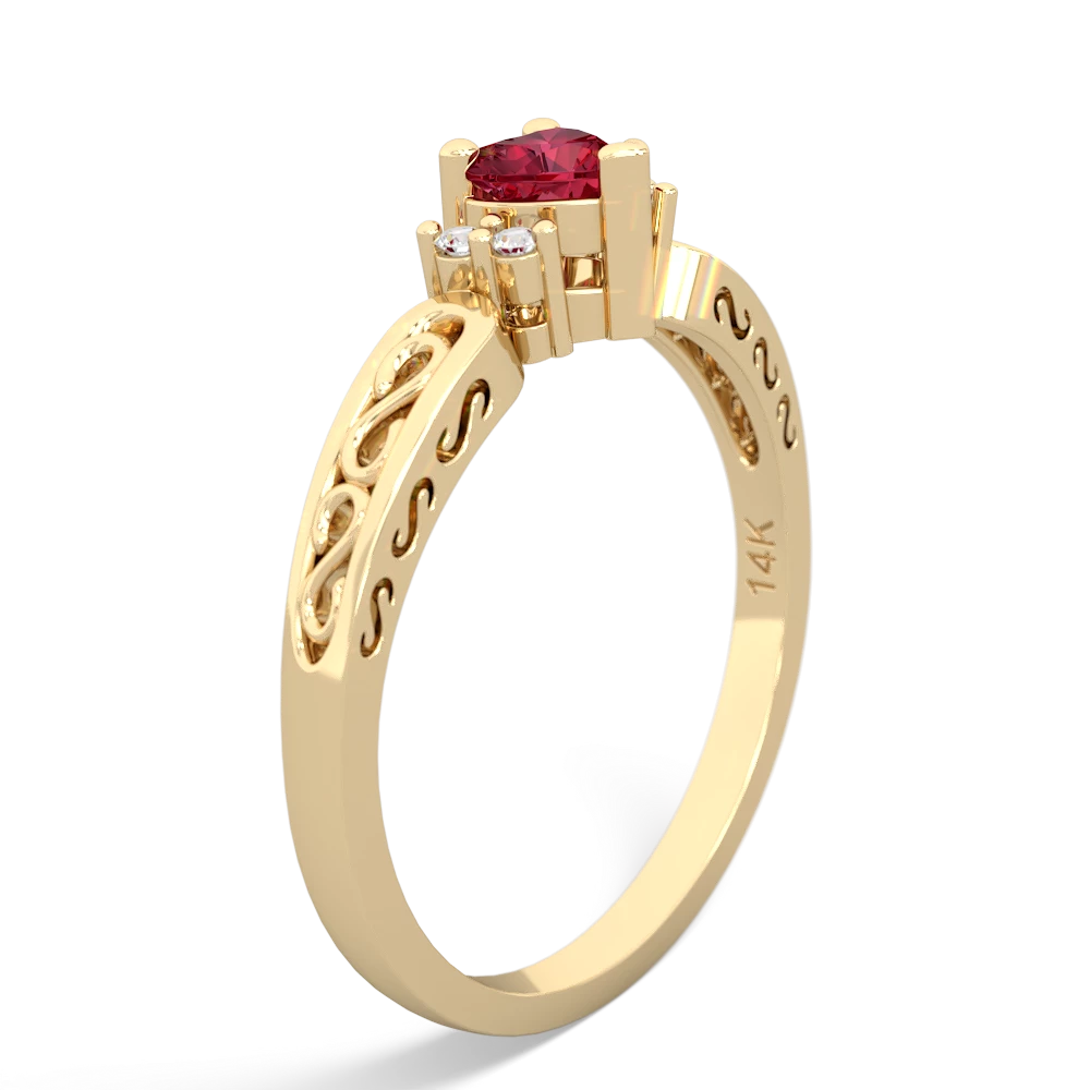 Lab Ruby Filligree Scroll Heart 14K Yellow Gold ring R2429