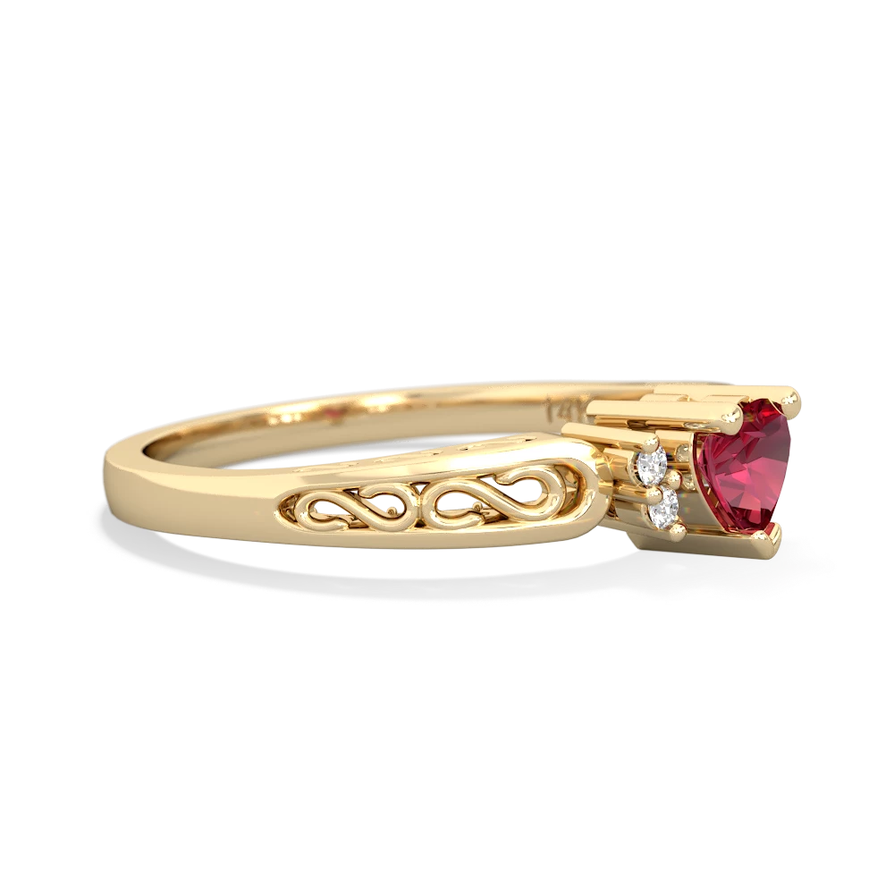 Lab Ruby Filligree Scroll Heart 14K Yellow Gold ring R2429