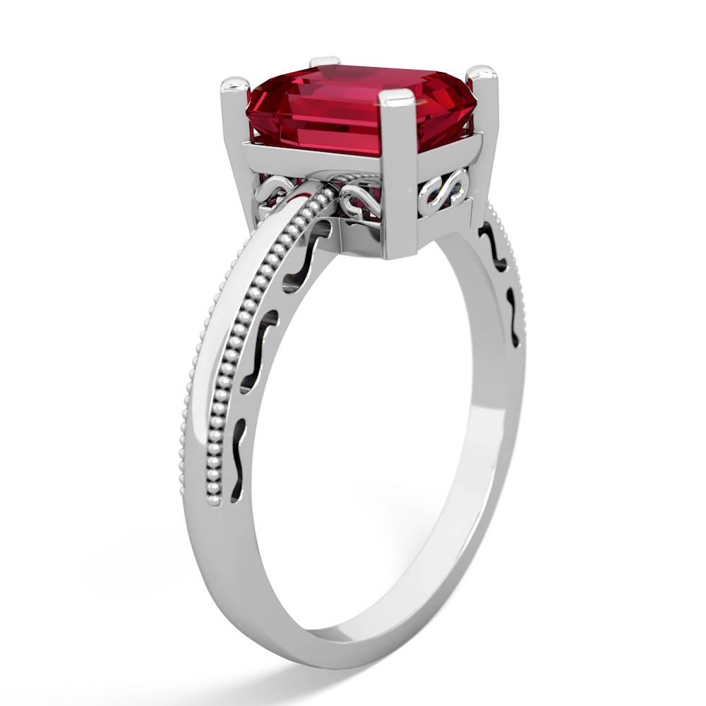 Lab Ruby Milgrain Scroll 14K White Gold ring R2338