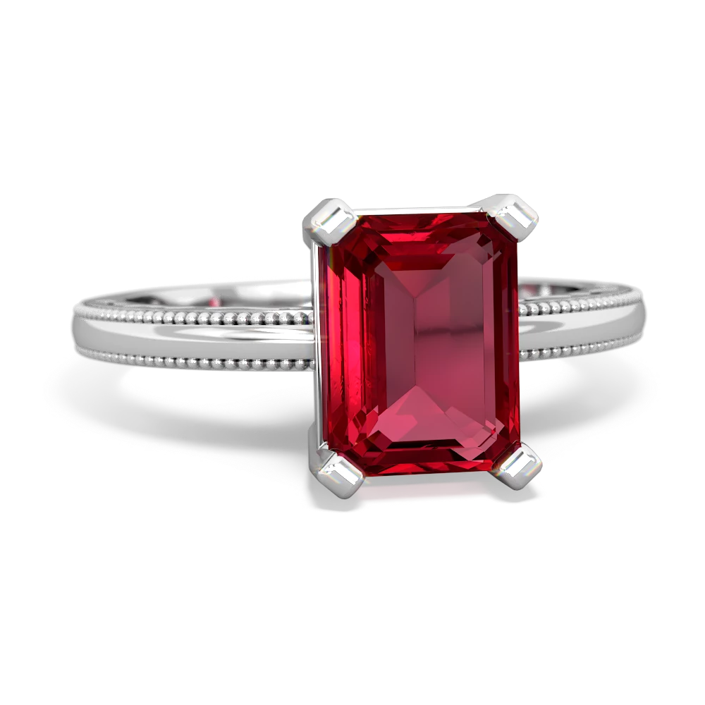 Lab Ruby Milgrain Scroll 14K White Gold ring R2338