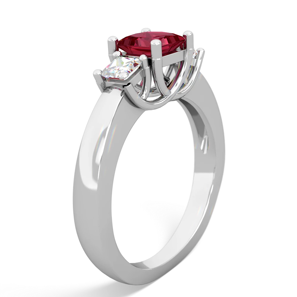 Lab Ruby Three Stone Trellis 14K White Gold ring R4015