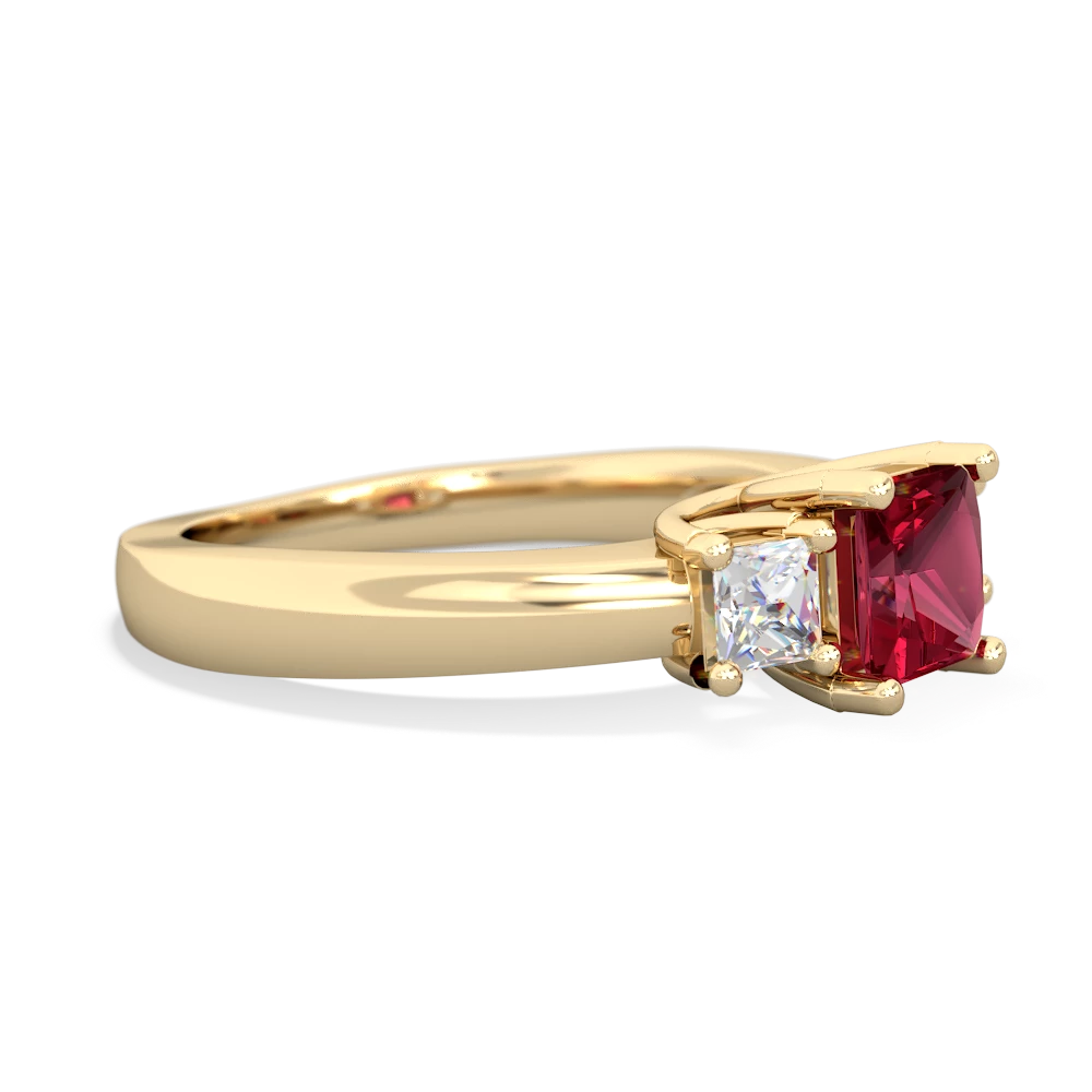 Lab Ruby Three Stone Trellis 14K Yellow Gold ring R4015