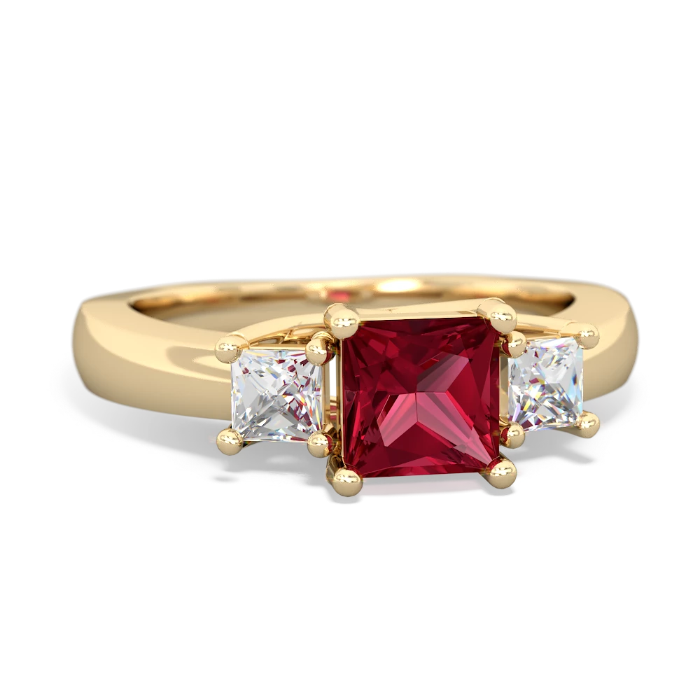 Lab Ruby Three Stone Trellis 14K Yellow Gold ring R4015