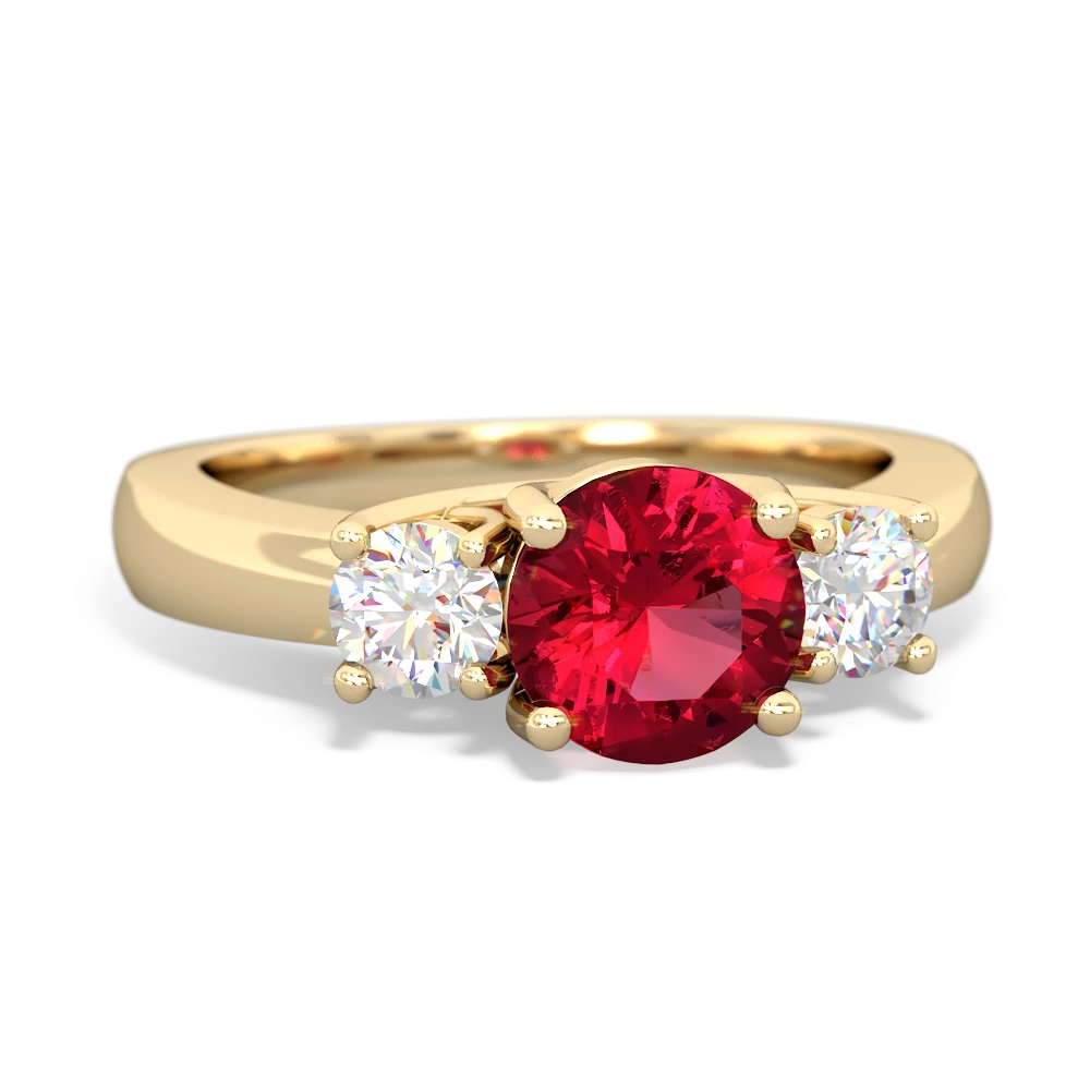 Lab Ruby Three Stone Trellis 14K Yellow Gold ring R4018