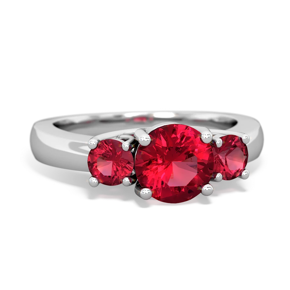 Lab Ruby Three Stone Trellis 14K White Gold ring R4018