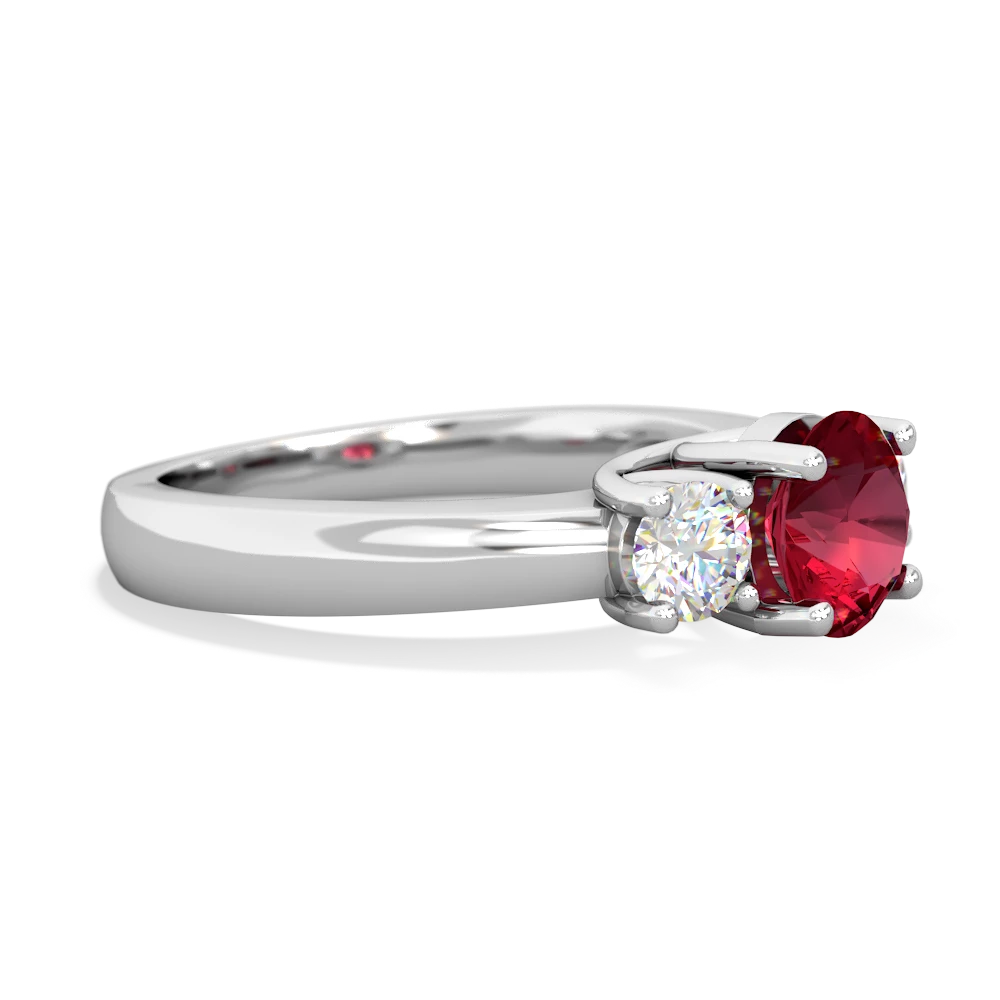 Lab Ruby Diamond Three Stone Round Trellis 14K White Gold ring R4018