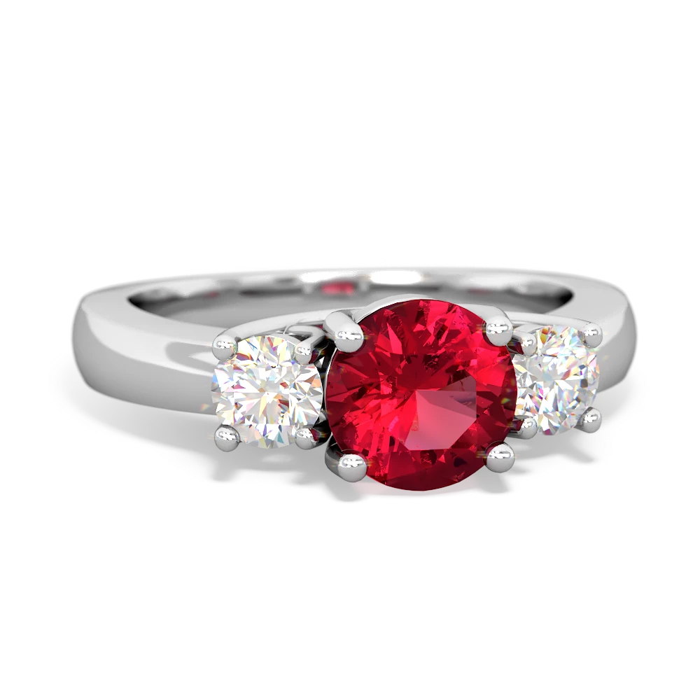 Lab Ruby Diamond Three Stone Round Trellis 14K White Gold ring R4018