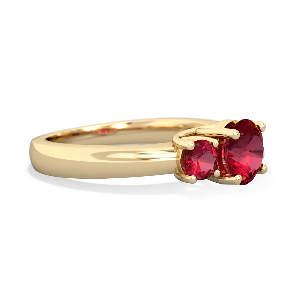 Lab Ruby Three Stone Round Trellis 14K Yellow Gold ring R4018