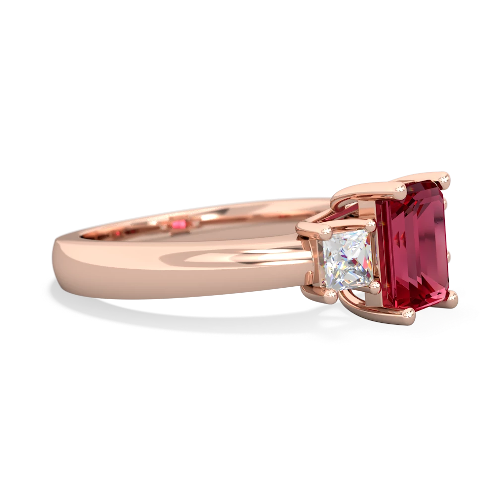 Lab Ruby Diamond Three Stone Emerald-Cut Trellis 14K Rose Gold ring R4021