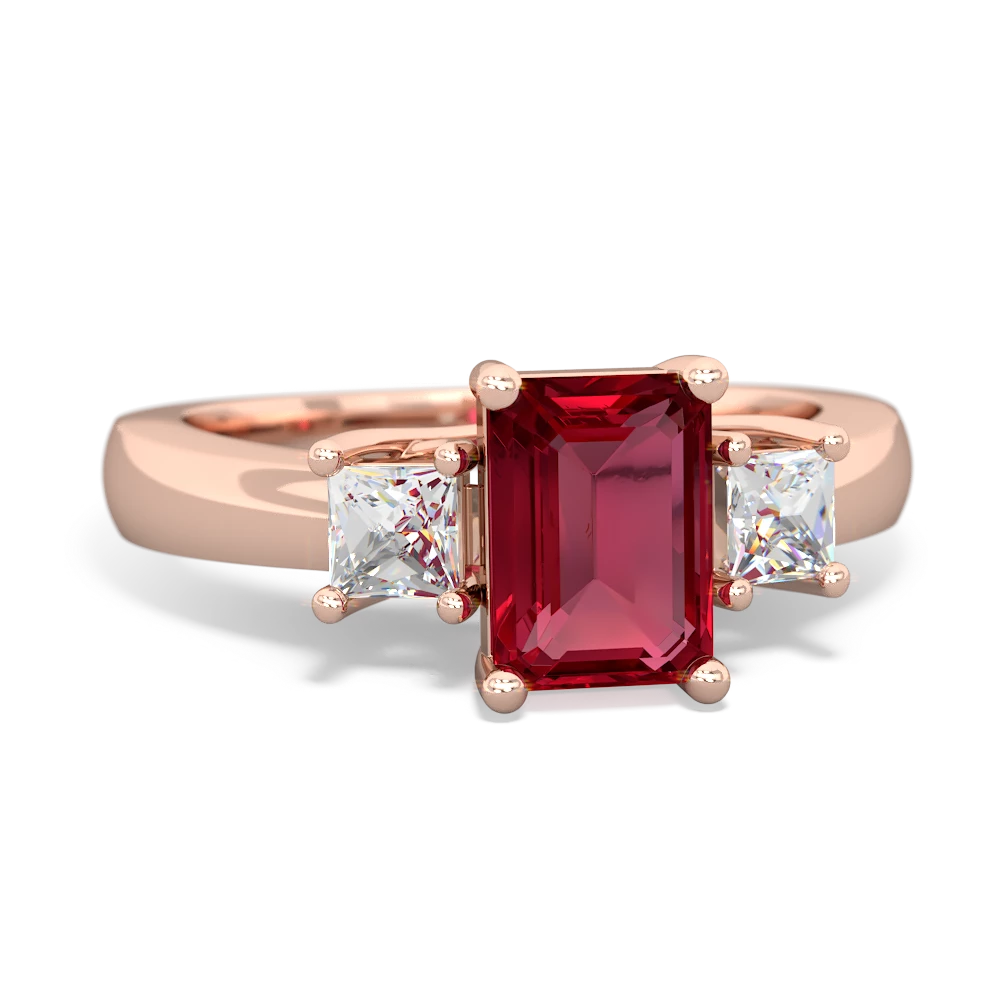 Lab Ruby Diamond Three Stone Emerald-Cut Trellis 14K Rose Gold ring R4021